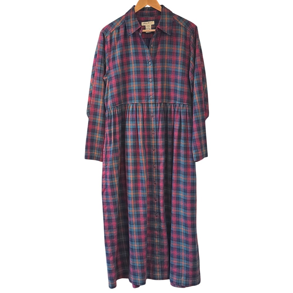 Vintage 90's Eddie Bauer Plaid Flannel Maxi Dress Cottagecore Cabincore Grunge
